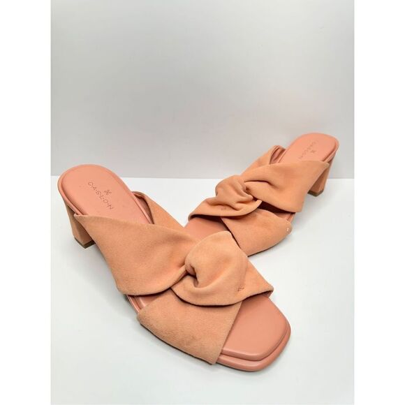 Caslon Sandals Size 7 Coral Suede Leather Crisscross Open Toe Block Heel Slip On - Picture 5 of 11